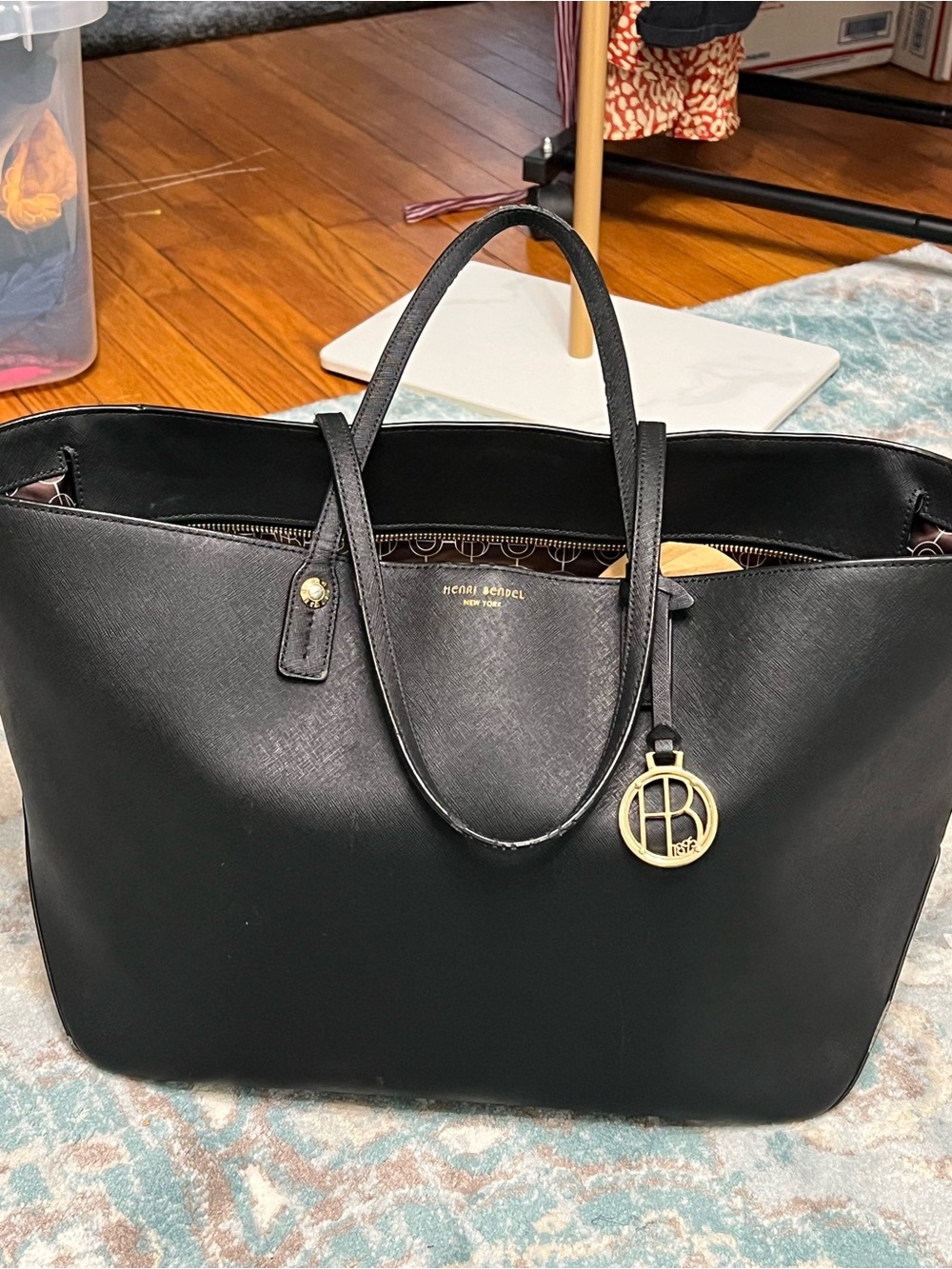 Henry Bendel Black Saffiano Tote with Gold Logo Charm